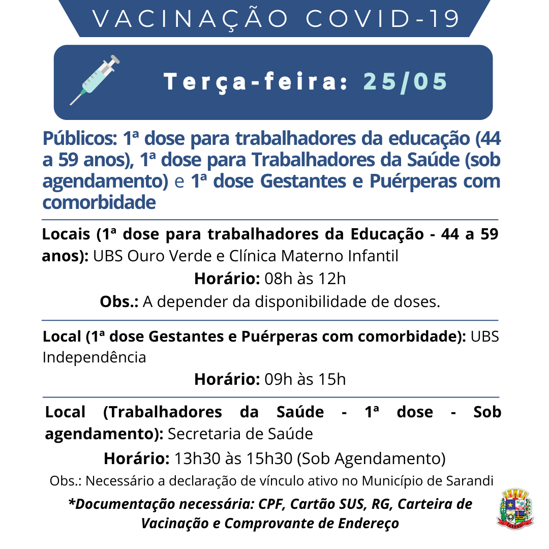 Cronograma de Vacinação contra Covid-19 - Terça-feira - 25/05/2021